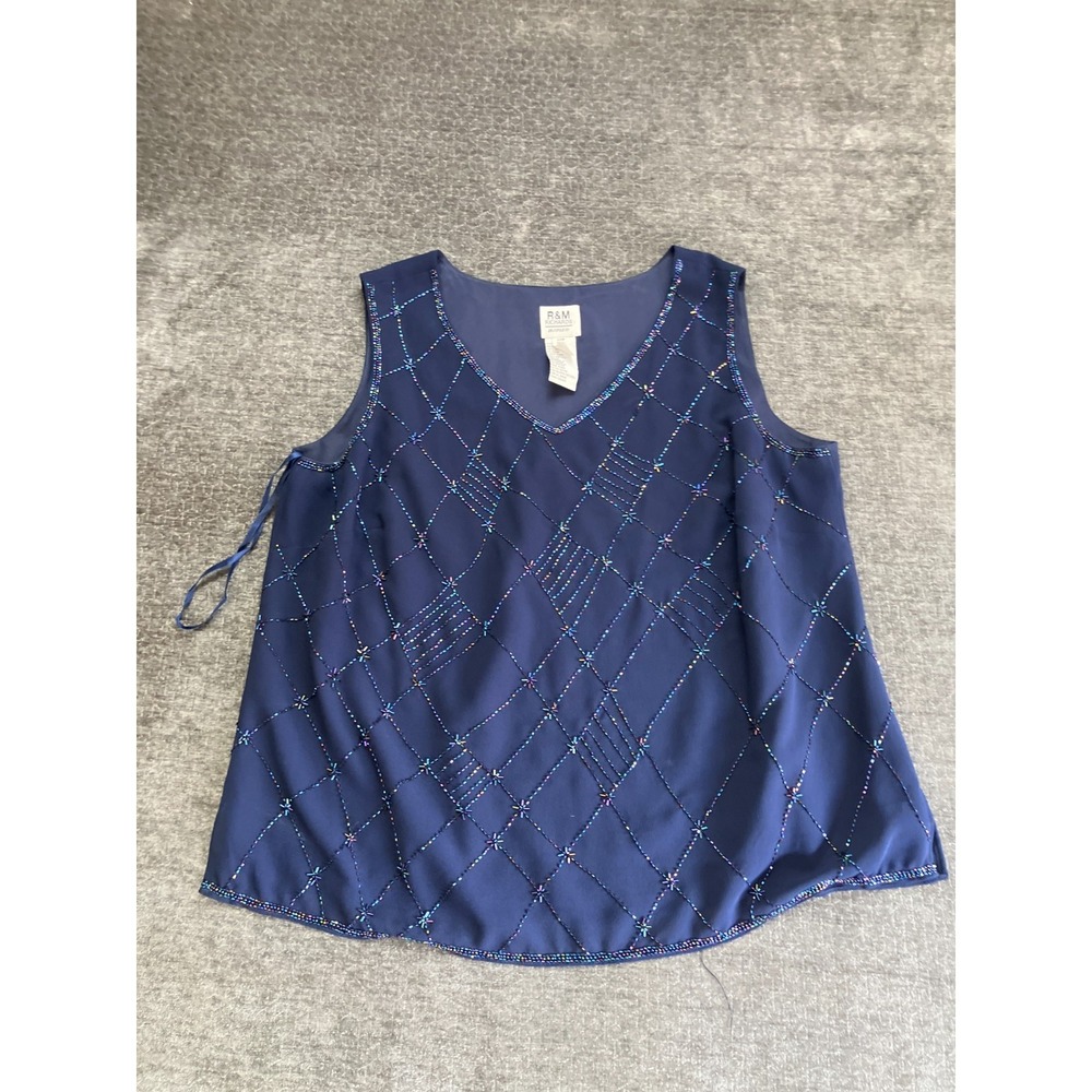 R&M Richards Tank Top Womens 20W Plus Navy Blue Beaded Wedding Wear Elegant